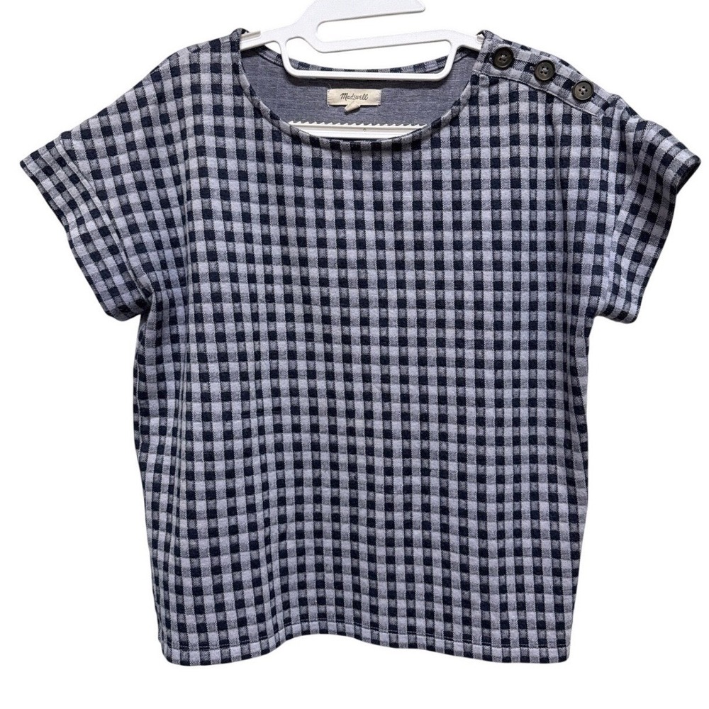 Madewell Gingham Button Shoulder Top Womens Sm Blue Minimalist Casual Office